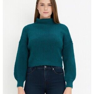 Prima sweater soft fluffy mock neck balloon sleeve green SZ MD ribbed